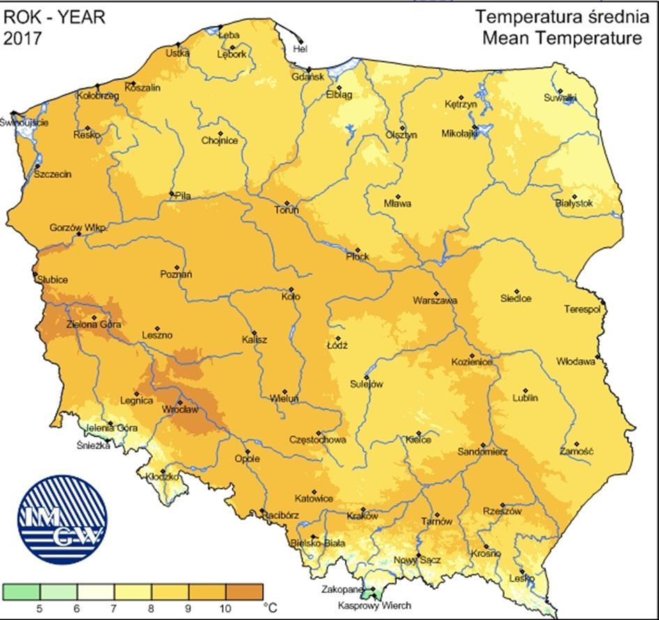 Rysunek 2. Średnia temperatura roczna na terenie Polski Źródło: http://old.imgw.pl/klimat/ Średnie roczne zachmurzenie w 2017 r.