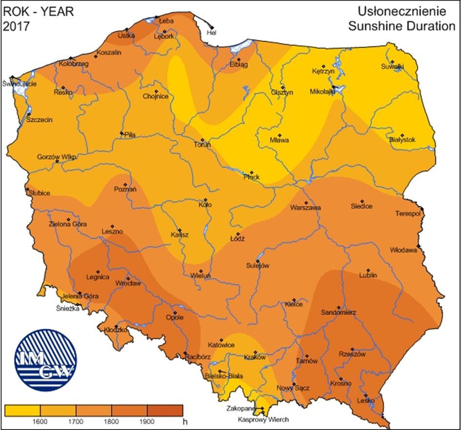 Rysunek 4. Usłonecznienie Źródło: http://old.imgw.pl/klimat/ Dominującą postacią fizyczną zasilania atmosferycznego w regionie są opady deszczu. W 2017 r. roczna suma opadów wyniosła 935 mm.
