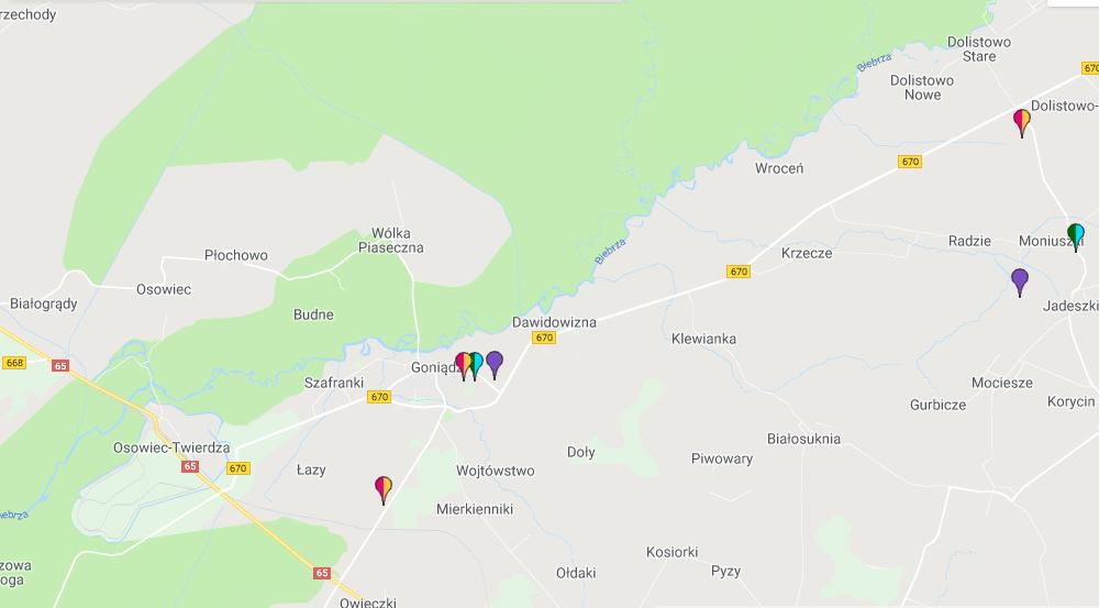 Rysunek 10. Lokalizacja anten nadawczych operatorów telekomunikacyjnych w okolicy miasta Goniądz Źródło: http://beta.btsearch.pl Na terenie Gminy Goniądz, według beta.btsearch.pl, znajdują się następujące anteny: Goniądz, ul.