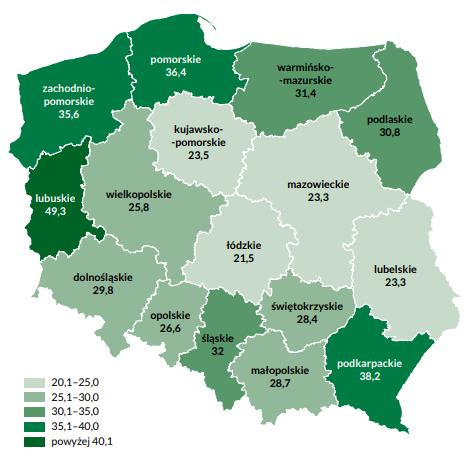 Rysunek 14. Lesistość Polski według województw Źródło: Raport o stanie lasów w Polsce 2017 5.6.1.3.