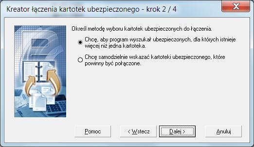 Dalej. Rysunek 47. Okno dialogowe: Kreator łączenia ubezpieczonych krok 2 /4 5. Program rozpocznie wyszukiwanie kartotek osób, których dane występują w rejestrze dwa razy lub więcej. 6.
