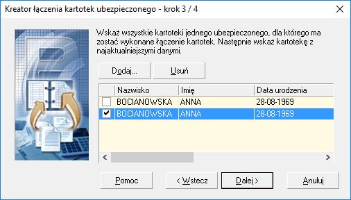 Rysunek 51. Okno dialogowe: Kreator łączenia kartotek ubezpieczonych krok 3/4 Uwaga!