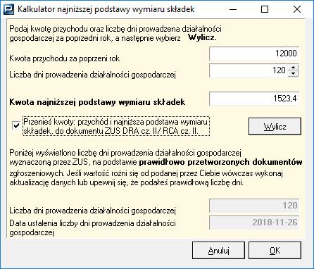 6. Kliknij przycisk Zapisz i zamknij, aby zapisać utworzony dokument. Rysunek 59. Okno Kalkulator najniższej podstawy wymiaru składki Uwaga!