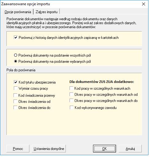 5. Jeśli chcesz ograniczyć import do wybranych typów dokumentów, np. ZUS ZUA, to wybierz je na zakładce Zakres importu/dokument.