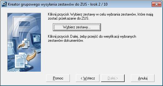 Rysunek 134. Kreator grupowego wysłania zestawów do ZUS krok 2 6. Na ekranie pojawi się okno Lista zestawów, wskaż zestawy, które chcesz wysłać do ZUS, i kliknij przycisk OK.
