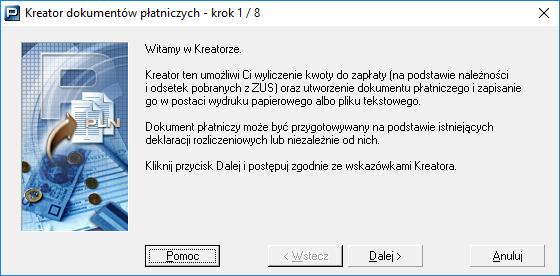 2. Na ekranie zostanie wyświetlone okno powitalne kreatora (patrz Rysunek 164) - kliknij przycisk Dalej, aby przejść do przygotowania dokumentów płatniczych.