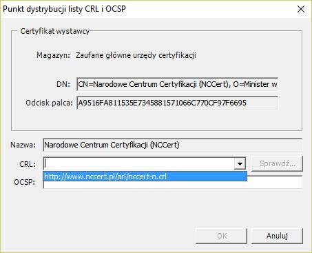 Rysunek 188. Punkty dystrybucji listy CRL i OCSP wprowadzenie adresu CDP i OCSP Program uniemożliwia wprowadzanie dowolnej wartości w polu adresu CDP.