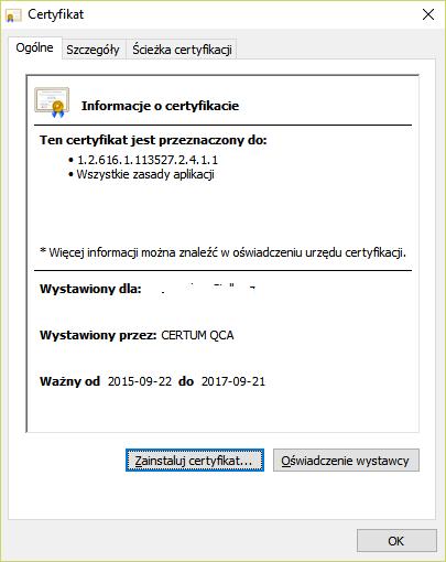 2. W oknie Ustawienia przekazu elektronicznego przejdź na zakładkę Certyfikaty do sekcji Certyfikat Zakładu Ubezpieczeń Społecznych (patrz Rysunek 181 ). 3.