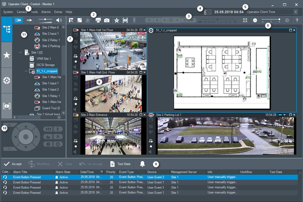 Bosch Video Management System Interfejs użytkownika pl 101 13 Interfejs użytkownika Niniejszy rozdział zawiera informacje o wszystkich oknach dostępnych w aplikacji Operator Client systemu BVMS.