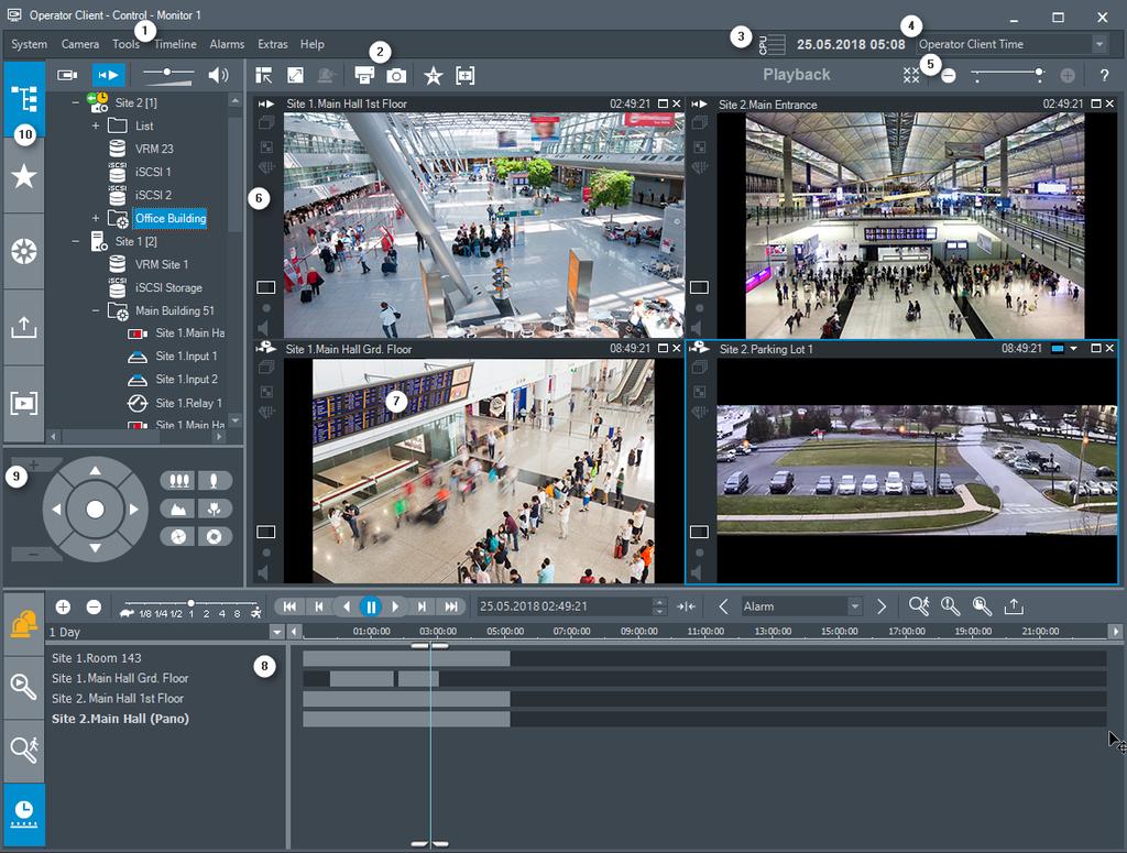 104 pl Interfejs użytkownika Bosch Video Management System 1 Pasek menu Umożliwia wybór polecenia z menu. 2 Pasek narzędzi Wyświetla dostępne przyciski.