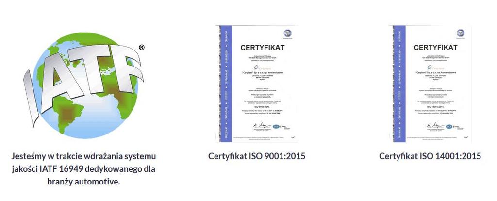 Certyfikaty Jakość i Ekologia Odważnie stawiamy na rozwój, unowocześnianie i rozszerzanie produkcji. Posiadamy certyfikat środowiskowy ISO 14001:2015.