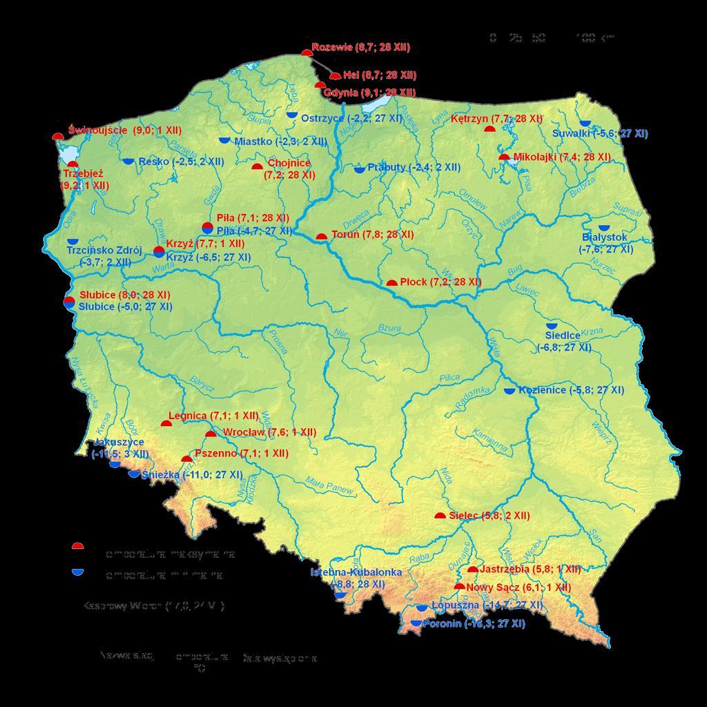 2. Temperatury ekstremalne w regionach Polski
