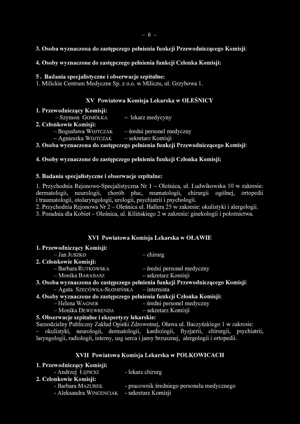 Badania specjalistyczne i obserwacje szpitalne: 1. Przychodnia Rejonowo-Specjalistyczna Nr 1 - Oleśnica, ul.