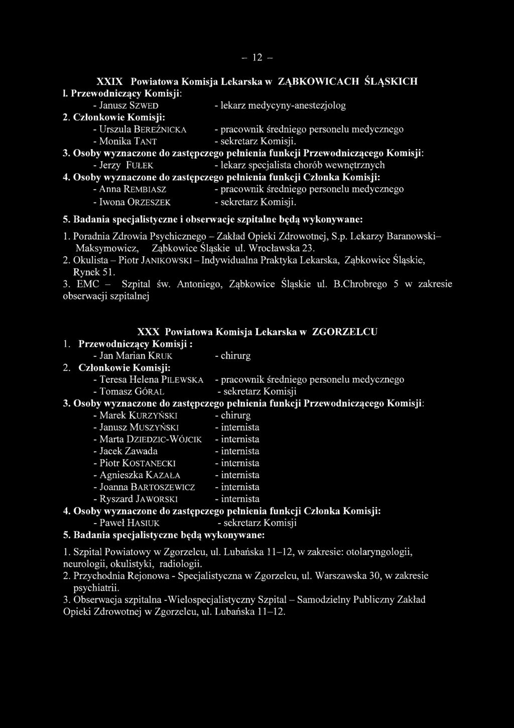 Osoby wyznaczone do zastępczego pełnienia funkcji Przewodniczącego Komisji: - Jerzy Fułek - lekarz specjalista chorób wewnętrznych - Anna Rembiasz - pracownik średniego personelu medycznego - Iwona