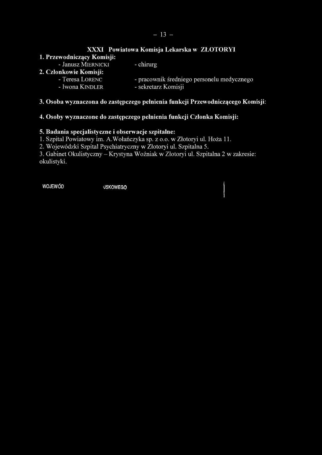 Badania specjalistyczne i obserwacje szpitalne: 1. Szpital Powiatowy im. A.Wolańczyka sp. z o.o. w Złotoryi ul. Hoża 11. 2.