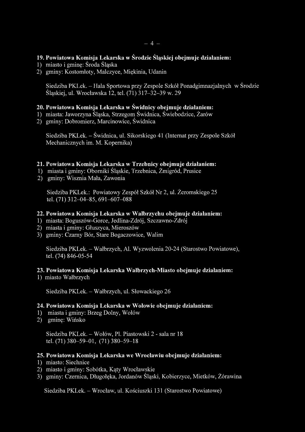 Powiatowa Komisja Lekarska w Świdnicy obejmuje działaniem: 1) miasta: Jaworzyna Śląska, Strzegom Świdnica, Świebodzice, Żarów 2) gminy: Dobromierz, Marcinowice, Świdnica Siedziba PKLek.