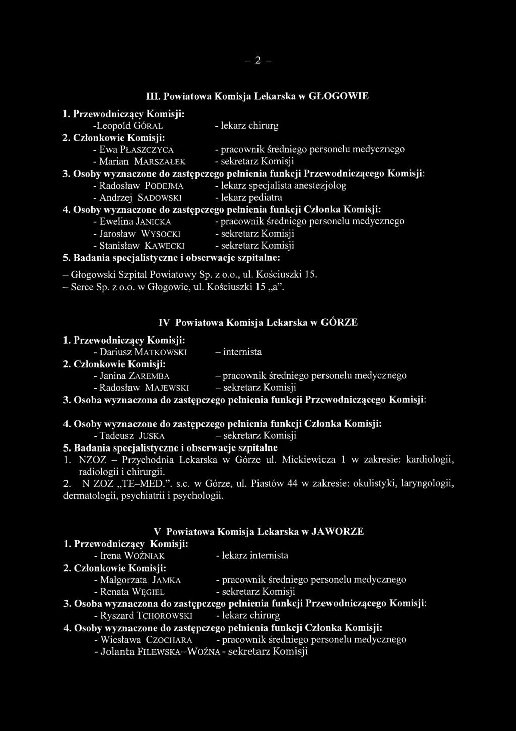 średniego personelu medycznego - Jarosław W ysocki - sekretarz Komisji - Stanisław KAWECKI - sekretarz Komisji 5. Badania specjalistyczne i obserwacje szpitalne: - Głogowski Szpital Pow iatow y Sp.