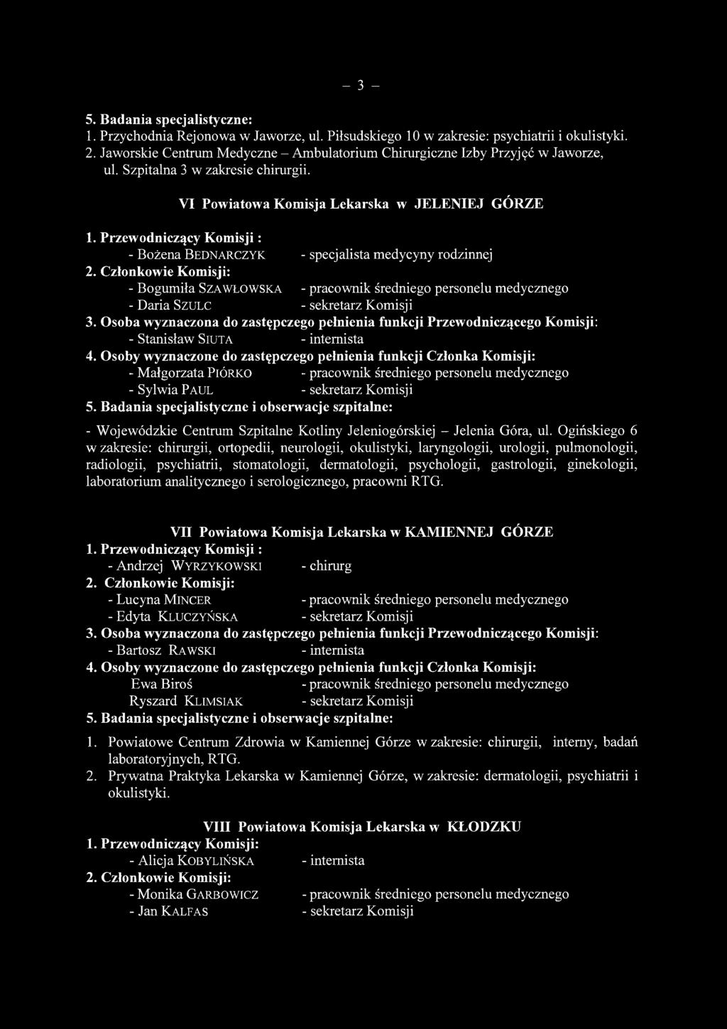 Przewodniczący K om isji: - Bożena Bednarczyk - specjalista medycyny rodzinnej - Bogumiła Szaw łow ska - pracownik średniego personelu medycznego - Daria SZULC - sekretarz Komisji - Stanisław SlUTA -