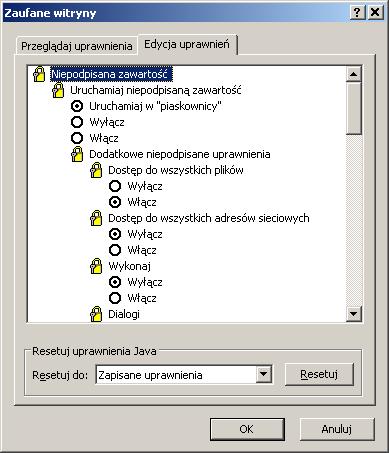 a dla pod-zakładki Dodatkowe niepodpisane uprawnienia naleŝy ustawić uprawnienia: Dostęp do wszystkich plików i Informacja o systemie na Włącz Uwaga!