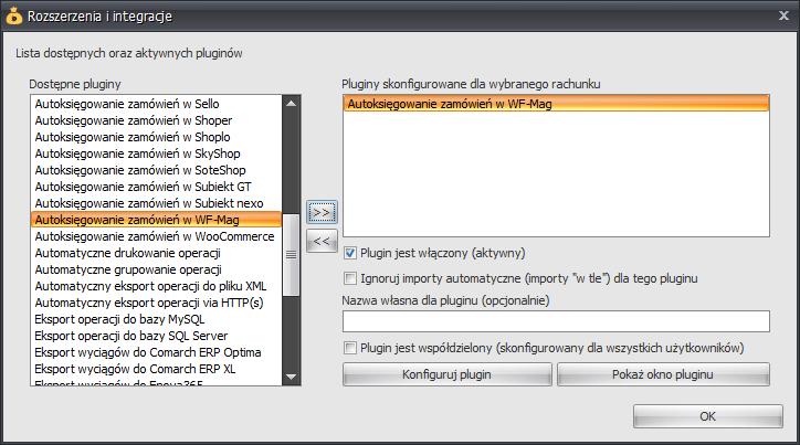 5. Naciśnij przycisk >>, aby aktywować plugin Autoksięgowanie zamówień w WF-Mag i wyświetlić okno konfiguracji tego dodatku. 6. Dokonaj szczegółowej konfiguracji rozszerzenia wg.