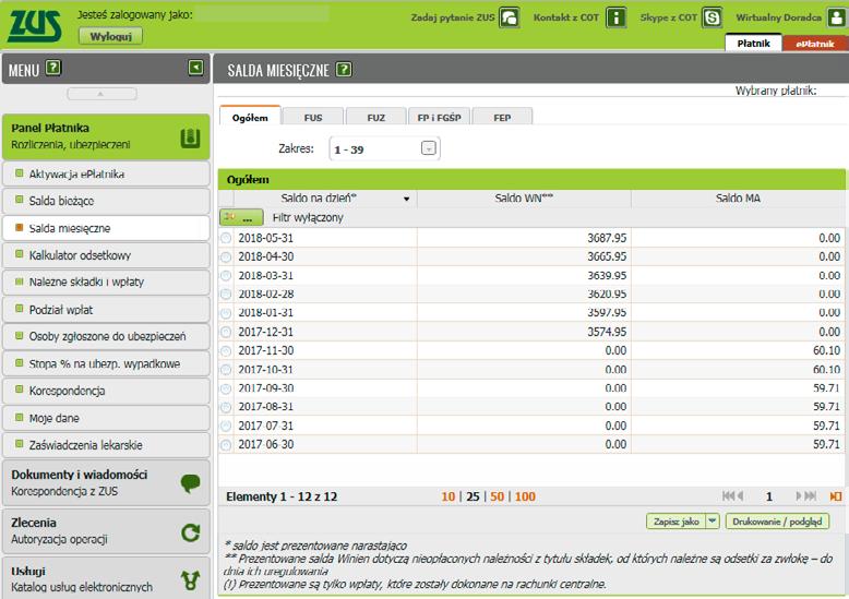 Możesz sprawdzić saldo ogółem i w podziale na poszczególne ubezpieczenia i fundusze, na które opłacasz lub opłacałeś składki na wskazany
