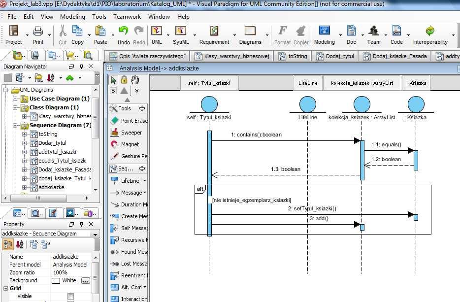 Dodanie nowego diagramu sekwencji reprezentującego metodę addksiazka w klasie Tytul_ksiazki wywołaną w metodzie