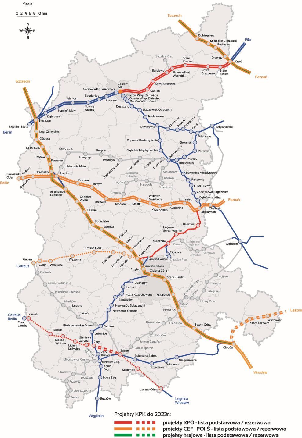 Plany inwestycji w ramach RPO Lubuskie 2020 Rewitalizacja linii kolejowej nr 203 na odcinku Krzyż Gorzów Wielkopolski za kwotę 100 mln zł Modernizacja linii kolejowej nr 358 Zbąszynek Gubin na