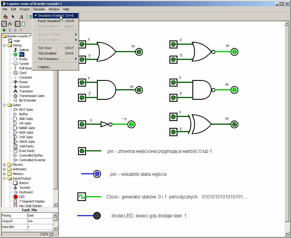 - uruchomienie modu symulacji z menu Simulation Simulation Enabled, -