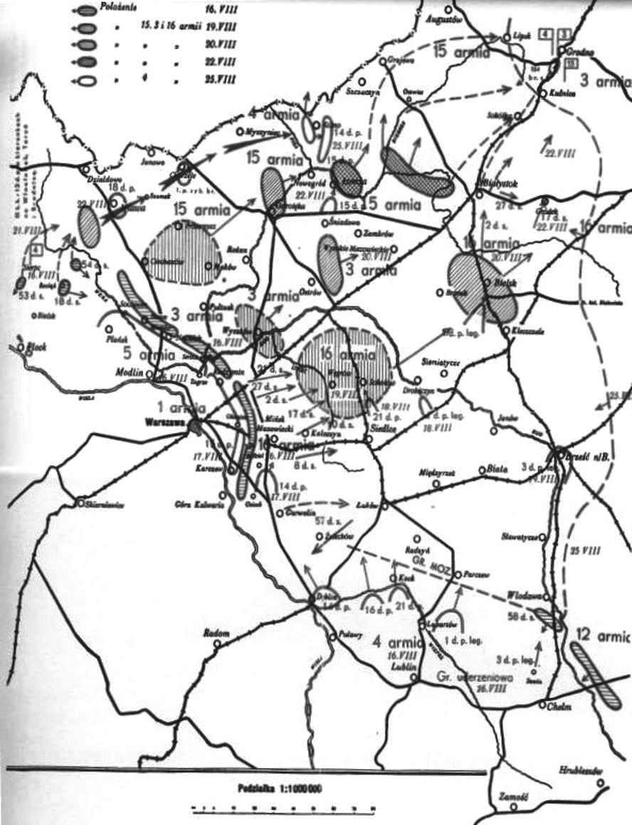 Kontruderzenie znad Wieprza i walki na południowym Podlasiu 445 Przebieg działań odwrotowych rosyjskiego Frontu Zachodniego, 16-25 VIII 1920 r. Źródło: J. Piłsudski, Pisma zbiorowe, t.