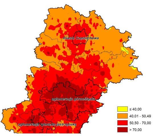 Natężenie ruchu kołowego Według danych Wojewódzkiego Inspektoratu Ochrony Środowiska w Katowicach, wskaźnik motoryzacji (czyli liczba samochodów osobowych na 1000 mieszkańców)w 2014 r.