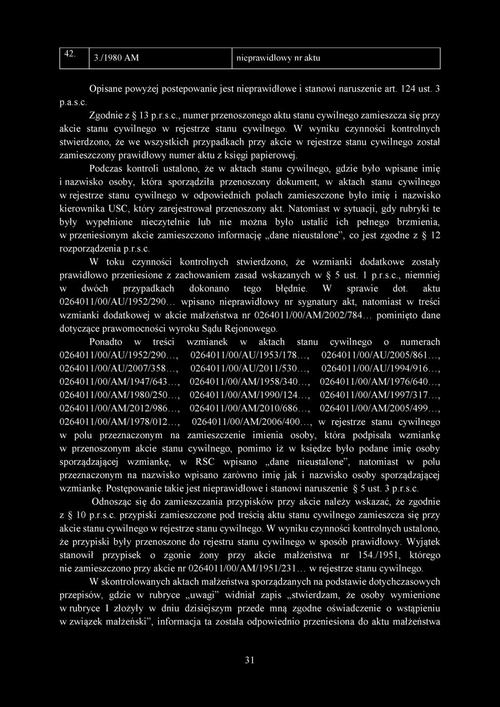 W wyniku czynności kontrolnych stwierdzono, że we wszystkich przypadkach przy akcie w rejestrze stanu cywilnego został zamieszczony prawidłowy numer aktu z księgi papierowej.