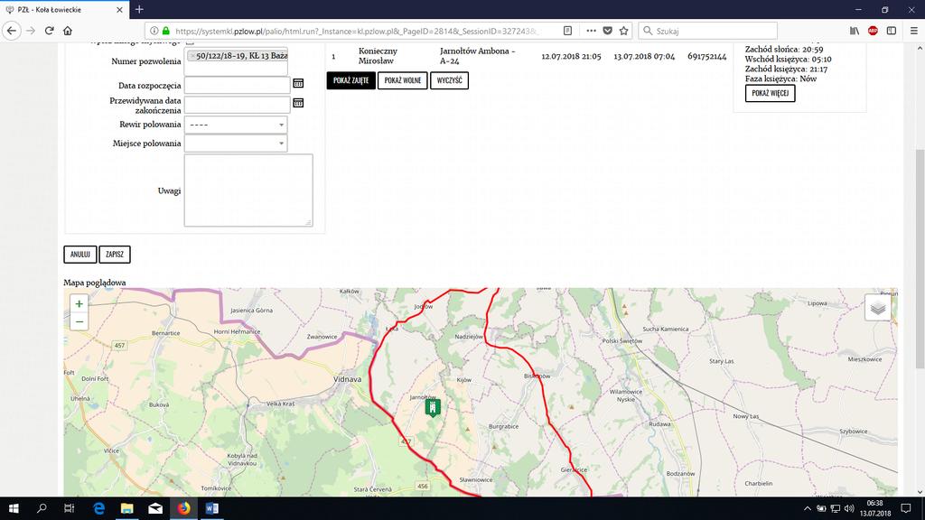 - sprawdzenie zajętych i wolnych urządzeń graficzna prezentacja na mapie - wybieramy datę