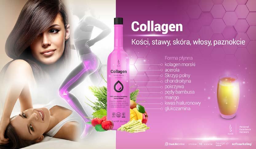 Duo Life Collagen Kolagen to podstawowe białko w naszym organizmie, obecne we wszystkich organach i narządach, we włosach, skórze, paznokciach; tworzy strukturę kości.