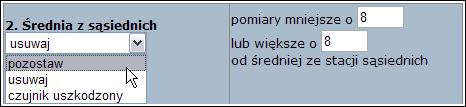 Średnia z sąsiednich analiza uwzględnia średnią z wybranego pomiaru ze stacji sąsiednich pozostaw pomiary odbiegające od średniej o ustaloną obok wartość nie są usuwane usuwaj pomiary odbiegające od