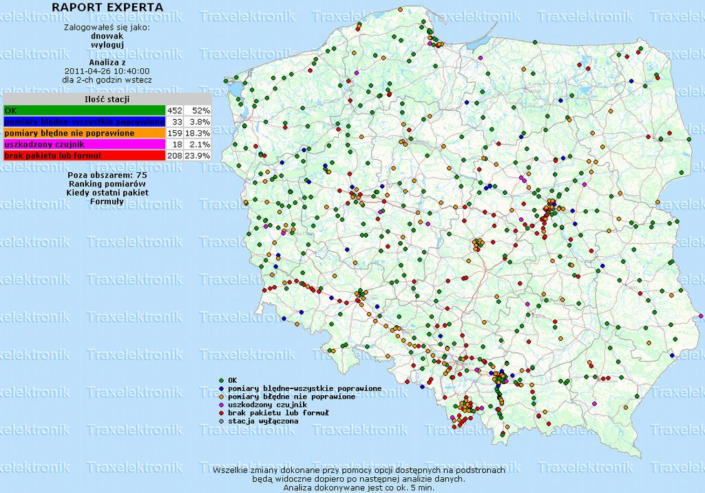Po zalogowaniu się, wyświetla się mapa Polski z zaznaczonymi stacjami pomiarowymi: Po lewej stronie znajduje się tabela określająca liczbową oraz procentową reprezentację stacji, dzieląc je na: -