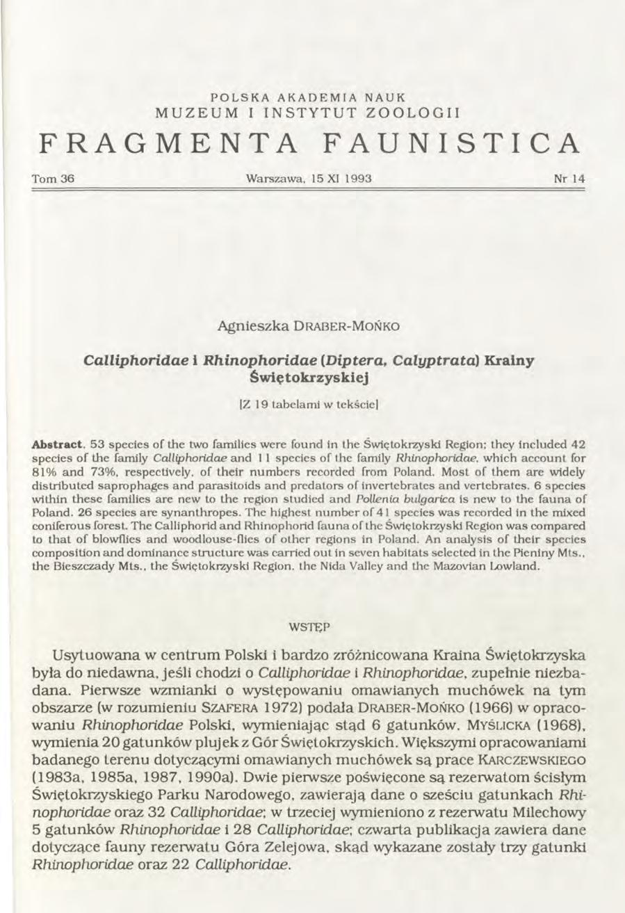 POLSKA AKADEM IA NAUK MUZEUM I INSTYTUT ZOOLOGII FRAGMENTA FAUNISTICA Tom 36 W arszawa.