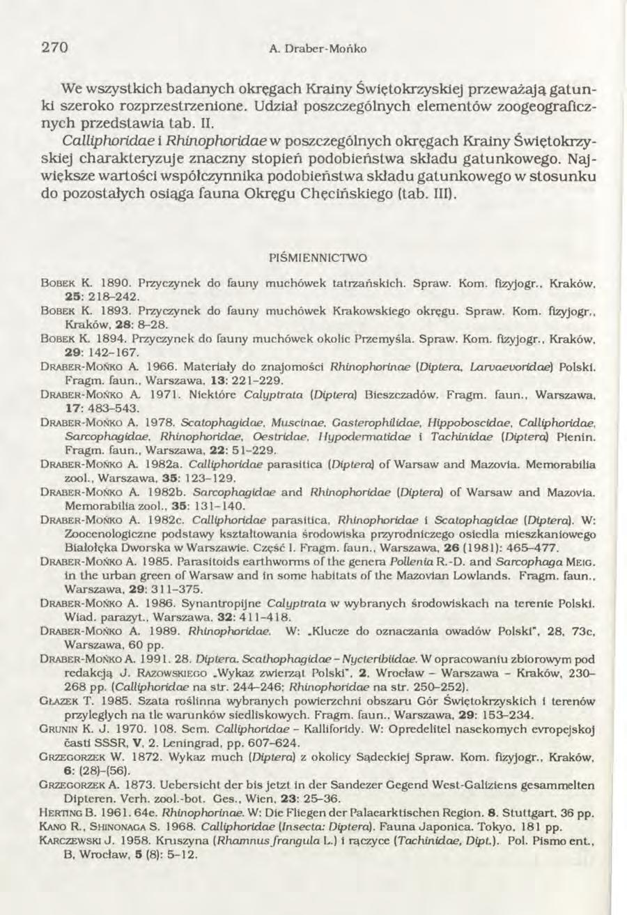 270 A. Draber-M ońko We wszystkich badanych okręgach Krainy Świętokrzyskiej przew ażają g a tu n ki szeroko rozprzestrzenione. Udział poszczególnych elem entów zoogeograficznych przedstaw ia tab. II.