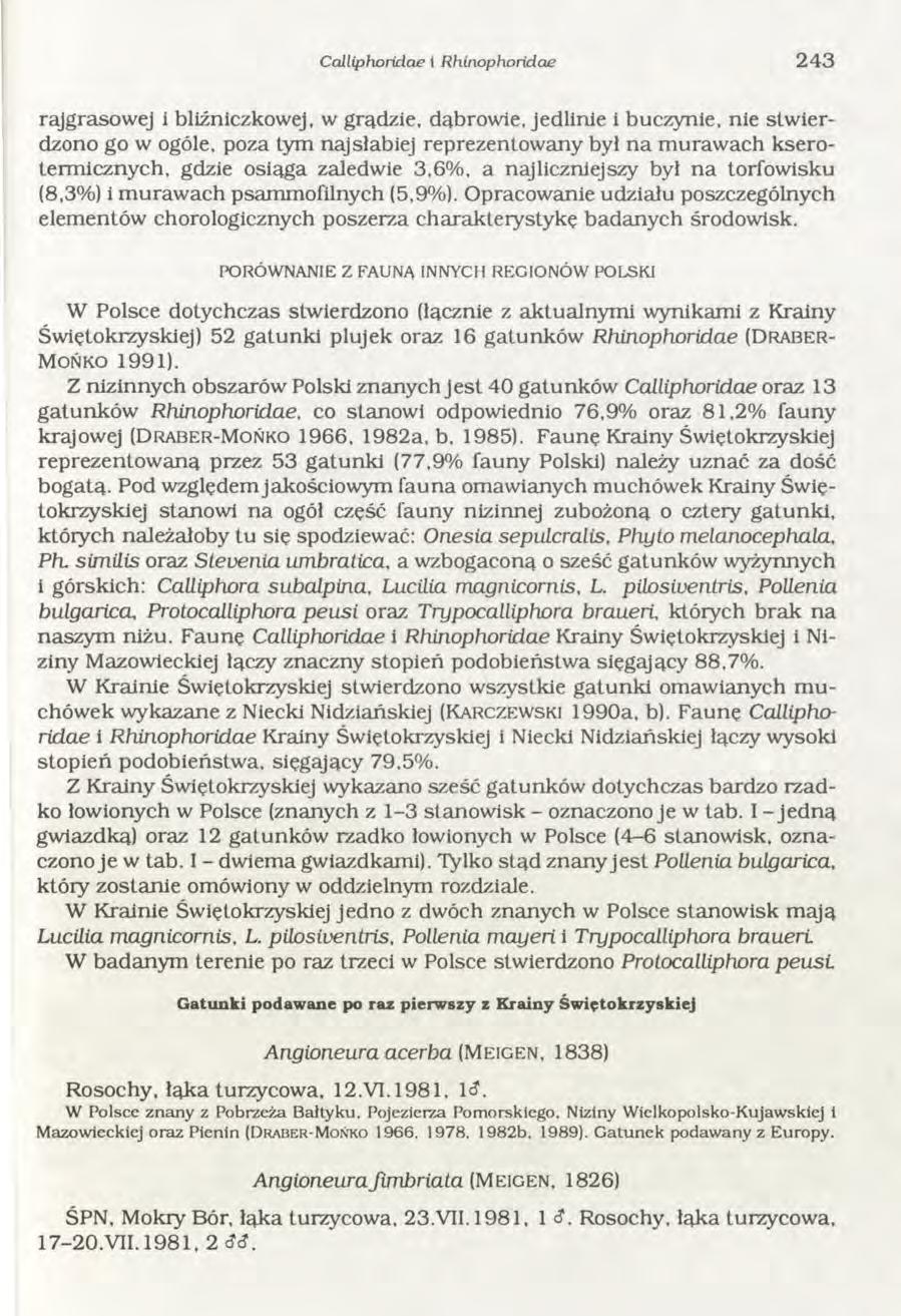 Calliphoridae i Rhinophoridae 243 rajgrasow ej i bliźniczkow ej, w grądzie, dąbrow ie, jedlinie i buczynie, nie stw ierdzono go w ogóle, poza tym najsłabiej reprezentow any był n a m uraw ach