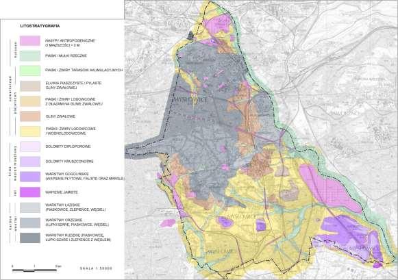 Rysun e k 2. B udowa geo logiczna M ysłow ic Źródło: http://www.bip.myslowice.pl/page/5444,opracowanie-ekofizjograficzne-dla-miasta-myslowice-2015-.html (dostęp: 9.04.2018) 1.4. Rzeźba terenu Według regionalizacji geomorfologicznej Polski południowej M.