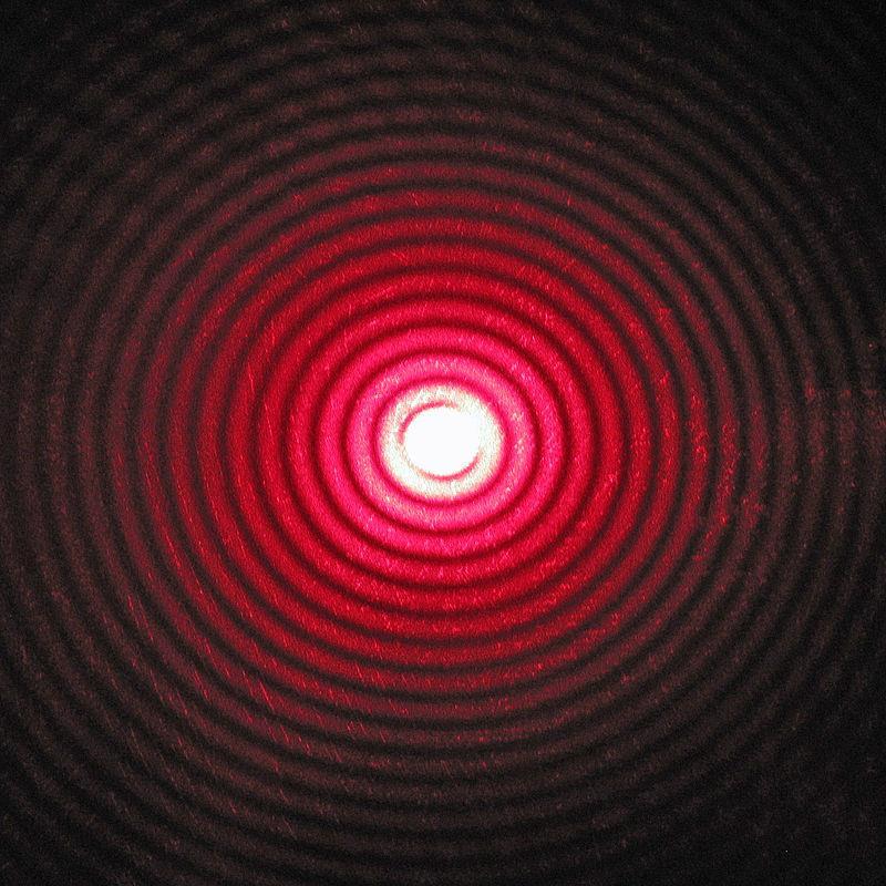 Rysunek 4. Struktura dyfrakcyjna powstała w wyniku przejścia pojedynczej wiązki światła z lasera przez okrągłą szczelinę. Źródło: Wikipedia 4.