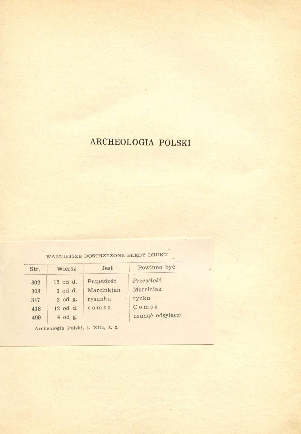 ARCHEOLOGIA POLSKI WAŻNIEJSZE DOSTRZEŻONE BŁĘDY DRUKU Str. Wiersz Jest Powinno być 302 15 od d. Przyszłość Przeszłość 308 3 od d.