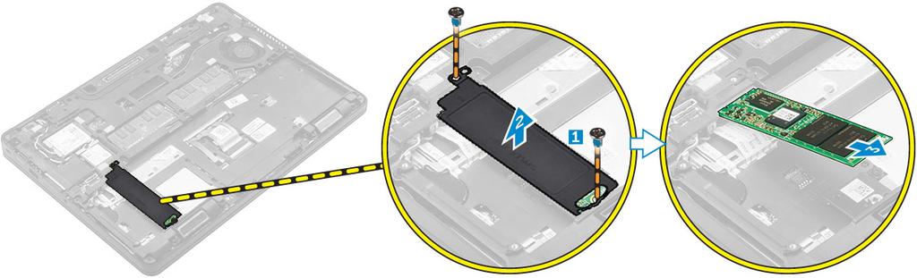 a. Wykręć śrubę mocującą dysk SSD do komputera [1]. b. Przesuń i wyjmij dysk SSD z komputera [2]. Instalowanie opcjonalnego dysku SSD M.2 1. Włóż dysk SSD do gniazda w komputerze. 2.