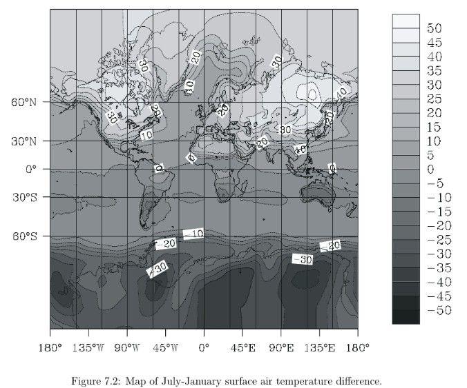 Problem rozkładu lądów: Observed zonal mean surface air temperatures for January, April, July and