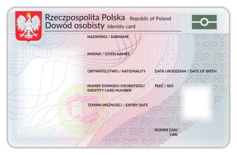 Czarne napisy drukowane czcionką o różnej wielkości: 1) Rzeczpospolita Polska Republic of Poland, 2) Dowód osobisty Identity card, 3) NAZWISKO / SURNAME, 4) IMIONA / GIVEN NAMES, 5) OBYWATELSTWO /