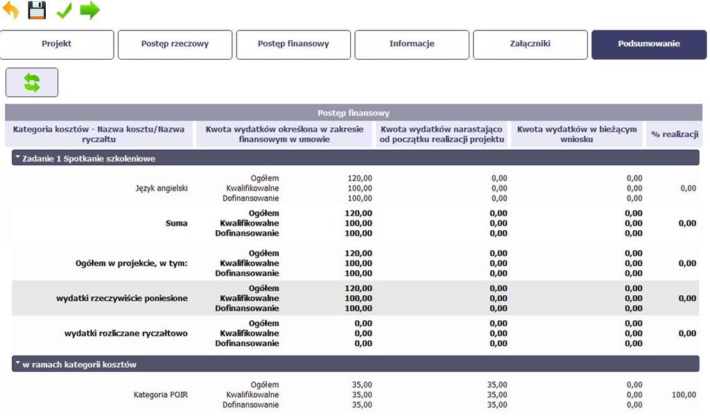 Dane w tej tabeli są aktualizowane automatycznie przy pierwszym wejściu na zakładkę, przy zapisie wniosku oraz przy przesyłaniu wniosku.