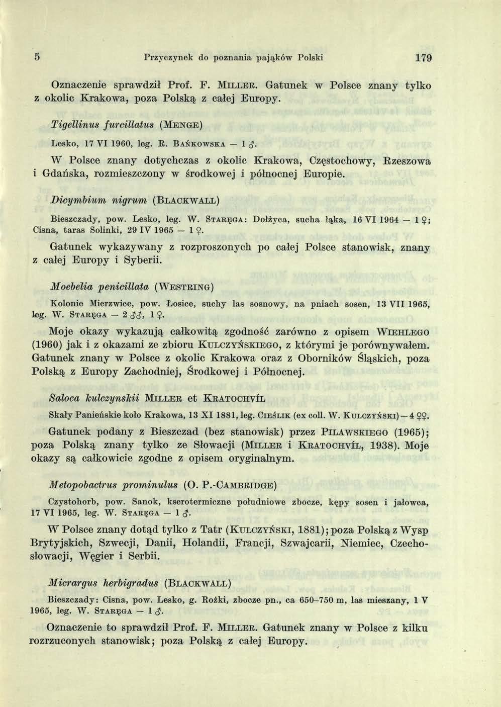 5 Przyczynek do poznania pająków Polski 179 Oznaczenie sprawdził Prof. F. M i l l e r. Gatunek w Polsce znany tylko z okolic Krakowa, poza Polską z całej Europy.
