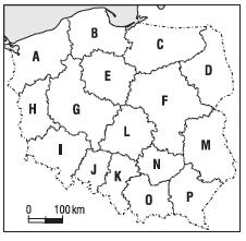 Zadanie 4. (0-2p.) Korzystając z administracyjnej mapy Polski rozpoznaj i zaznacz poprawne nazwy województw i ich stolice. A.