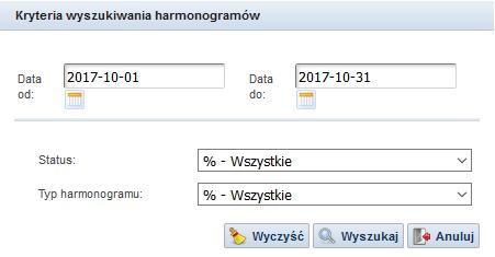 Kartoteki W kartotece harmonogramów w menu Operacje dostępne są następujące opcje: Akceptacja merytoryczna pierwszy poziom akceptacji harmonogramu Akceptacja ostatni poziom