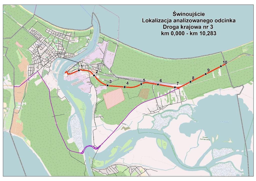 Na obszarze Świnoujścia droga rozpoczyna swój bieg. Długość drogi w obszarze miasta to 10,283. Przebiega ulicami: Duńską, Wolińską (rys. 2.1) Rys. 2.1. Lokalizacja drogi w obszarze miasta Świnoujście Źródło: opracowanie własne 3 Stan brd w mieście Świnoujściu 3.