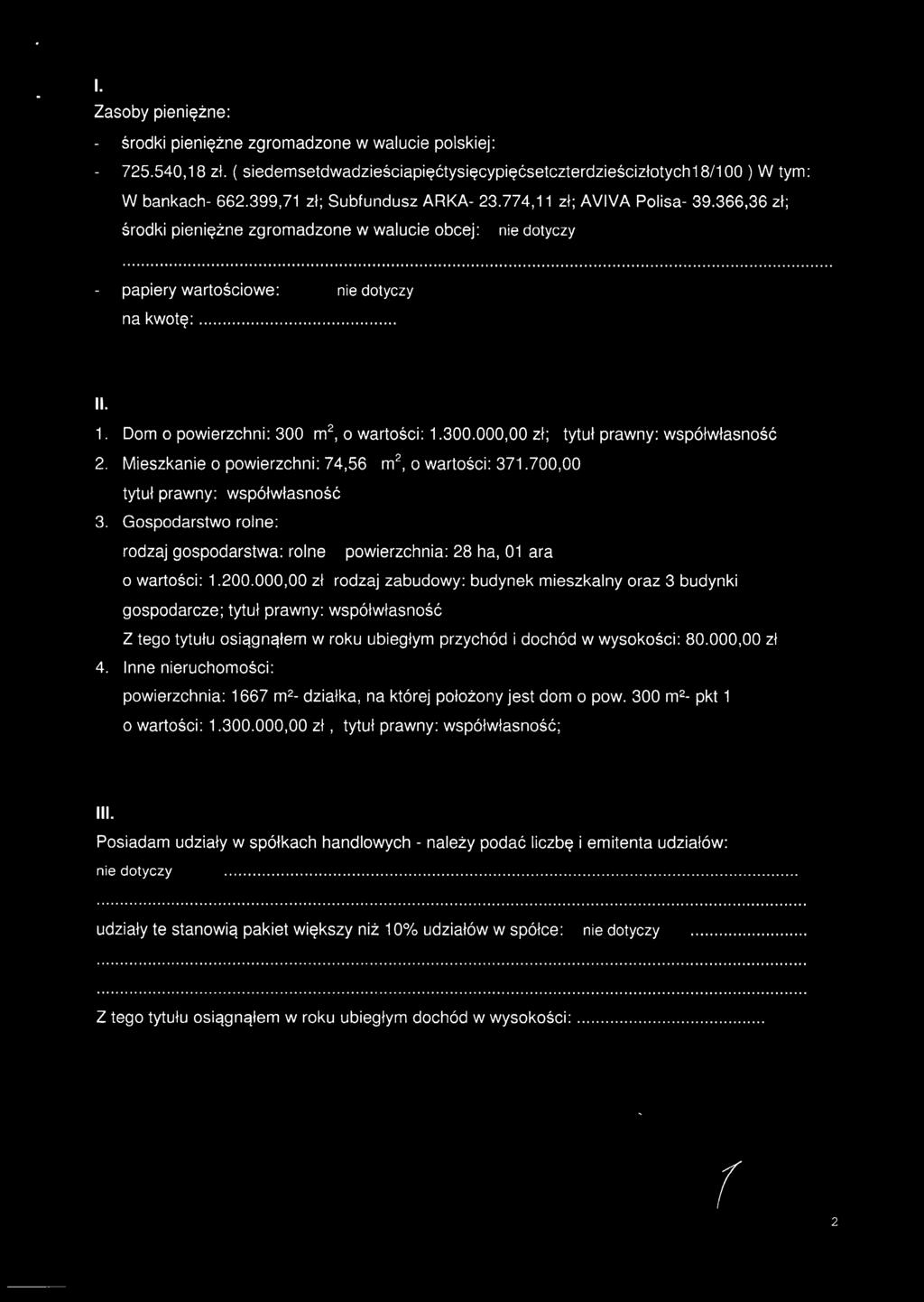300.000,00 zł; tytuł prawny: współwłasność 2. Mieszkanie o powierzchni: 74,56 rn", o wartości: 371.700,00 tytuł prawny: współwłasność 3.
